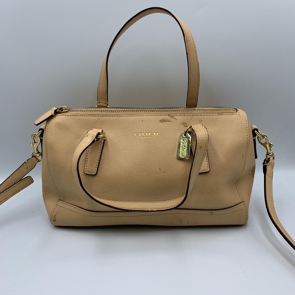 Coach Saffiano Mini Satchel Bag Women Leather Beige Crossbody Strap Handbag